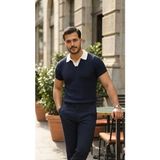 Beruflic Erkek Desenli Kısa Kollu Triko Tişört - %100 Pamuk Akrilik - Lacivert - XL