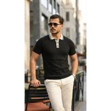 Beruflic Erkek Düğme Yakalı Kontrast Yaka Triko Tişört - Siyah - 2XL