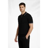 Beruflic Erkek Fermuarlı Yaka Fitilli Triko Kısa Kollu Regular Fit Tişört Tshirt - Siyah - XL