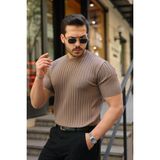 Beruflic Erkek Fitilli Bisiklet Yaka Kısa Kollu Tişört - Sütlü Kahve - XL