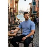 Beruflic Erkek Fitilli Triko Dokuma Kısa Kol Tişört Yarım Boğaz Modern Yazlık T-Shirt - Bebe Mavisi - 2XL