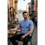 Beruflic Erkek Fitilli Triko Dokuma Kısa Kol Tişört Yarım Boğaz Modern Yazlık T-Shirt - Bebe Mavisi - XL