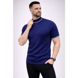 Beruflic Erkek Fitilli Triko Dokuma Kısa Kol Tişört Yarım Boğaz Modern Yazlık T-Shirt - Lacivert
