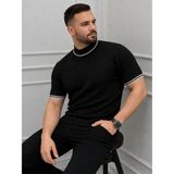 Beruflic Erkek Fitilli Triko Dokuma Kısa Kol Tişört Yarım Boğaz Modern Yazlık T-Shirt - Siyah
