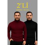 Beruflic Erkek Fitilli Triko Kazak 2li Set Bordo Siyah Regular Balıkcı Yaka Tam Boğazlı Triko Seti Modeli