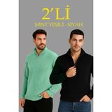 Beruflic Erkek Fitilli Triko Kazak 2’li Set – Mint Yeşili Siyah, Kalın Dokuma Pamuklu Regular Fit V Yaka Fermuarlı Uzun Kollu Rahat Kışlık Kazak Kombini - Mint Yeşili - Siyah