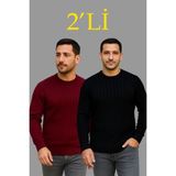 Beruflic Erkek Fitilli Triko Kazak 2’li Set – Siyah - Bordo, Kalın Dokuma Pamuklu Regular Fit Bisiklet Y