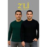 Beruflic Erkek Fitilli Triko Kazak 2’li Set Siyah Haki Kalın Dokuma Pamuklu Regular Fit Bisiklet - Siyah - Haki - XL
