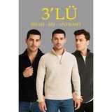 Beruflic Erkek Fitilli Triko Kazak 3’lü Set – Antrasit, Siyah, Bej Kalın Dokuma Pamuklu Regular Fit V Yaka Fermuarlı Uzun Kollu Rahat Kışlık Kazak Kombini - Antrasit - Siyah - Bej - XL