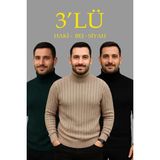 Beruflic Erkek Fitilli Triko Kazak 3lü Set Bej Haki Siyah Regular Balıkcı Yaka Tam Boğazlı Triko Seti Modeli Kazak - Çok Renkli - XL
