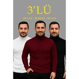 Beruflic Erkek Fitilli Triko Kazak 3lü Set Beyaz Bordo Siyah Regular Balıkcı Yaka Tam Boğazlı Triko Seti - Saks - 2XL