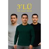 Beruflic Erkek Fitilli Triko Kazak 3lü Set Gri Haki Siyah Regular Fit Bisiklet Yaka Triko Seti Modeli Kazak - Saks - 2XL