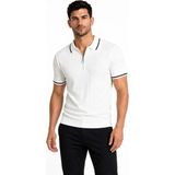 Beruflic Erkek Fitilli Triko T-Shirt Polo Yaka Yarım Fermuarlı Kısa Kollu Tişört - Beyaz - 2XL
