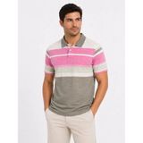 Beruflic Erkek Flamlı Penye Çizgili Polo Yaka Tişört Kısa Kol Yazlık Tshirt - Gri - 2XL
