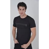 Beruflic Erkek Göğüste Fermuar Aksesuarlı Dar Kalıp T-Shirt - Siyah