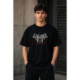 Beruflic Erkek Gotik Yazı Baskılı Oversize Bisiklet Yaka T-Shirt - Siyah - 2XL