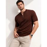 Beruflic Erkek Kısa Kol Fitilli Triko T-Shirt Yazlık Hakim Yaka Tişört - Kahverengi - 2XL