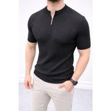Beruflic Erkek Kısa Kol Fitilli Triko Tshirt Yazlık Hakim Yaka Tişört - Siyah - 2XL