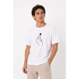 Beruflic Erkek Kore Parmak Kalp Aşk Temalı Minimal Baskılı Tişört Yazlık Kısa Kol T-Shirt - Beyaz