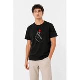 Beruflic Erkek Kore Parmak Kalp Aşk Temalı Minimal Baskılı Tişört Yazlık Kısa Kol T-Shirt - Siyah