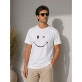 Beruflic Erkek Minimal Gülümseyen Yüz Baskılı Tişört Kısa Kol Yazlık T-Shirt - Beyaz