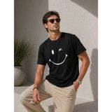 Beruflic Erkek Minimal Gülümseyen Yüz Baskılı Tişört Kısa Kol Yazlık Tshirt - Siyah - XS