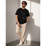 Beruflic Erkek Minimal Kedi Çizim Baskılı Tişört Kısa Kol Yazlık T-Shirt - Siyah - 2XL