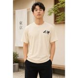 Beruflic Erkek Ön ve Arka Tokyo Kuş Çiçek Baskılı Oversize T-Shirt - Ekru