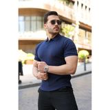 Beruflic Erkek Örgü Desen Yakalı Kısa Kollu Triko Tişört - Lacivert - 2XL