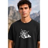 Beruflic Erkek Outdoor Pusula Dağ Baskılı Kısa Kollu Oversize T-Shirt - Siyah - 2XL