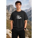 Beruflic Erkek Outdoor Pusula Dağ Baskılı Kısa Kollu Oversize T-Shirt - Siyah