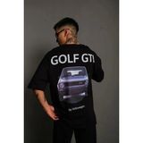 Beruflic Erkek Oversize Baskılı Tişört – Golf Gtı Retro Araba Desenli, Ön - Arka Dijital Baskı, Sokak - Siyah