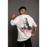 Beruflic Erkek Oversize Tişört – 24/1 Penye Kumaş, Bisiklet Yaka, Ön Arka Baskılı, Streetwear Tarzı Rahat Büyük Kalıp Tshirt - Beyaz - XL