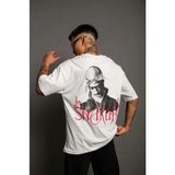 Beruflic Erkek Oversize Tişört – Beyaz 24/1 Penye Kumaş, Bisiklet Yaka, Ön - Arka Baskılı, Streetwear