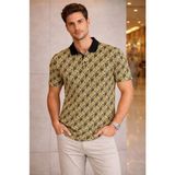Beruflic Erkek Pike Kumaş Polo Yaka Palmiye Desenli Tişört Kısa Kol Yazlık T-Shirt - Sarı