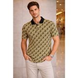 Beruflic Erkek Pike Kumaş Polo Yaka Palmiye Desenli Tişört Kısa Kol Yazlık Tshirt - Sarı
