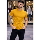 Beruflic Erkek T-Shirt Bisiklet Yaka Slim Fit Dar Kesim Likralı Tişört Günlük Basic Body - Limon