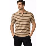Beruflic Erkek Triko Polo Yaka Fermuarlı Çizgili Tişört Tshirt Yazlık Şık - Kahverengi - 2XL