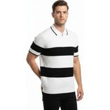 Beruflic Erkek Tshirt Çizgili Triko Dokuma Kumaş Polo Yaka Yarım Fermuarlı Regular Kalıp Tişört - Beyaz