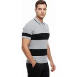 Beruflic Erkek Tshirt Çizgili Triko Dokuma Kumaş Polo Yaka Yarım Fermuarlı Regular Kalıp Tişört - Gri