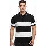 Beruflic Erkek Tshirt Çizgili Triko Dokuma Kumaş Polo Yaka Yarım Fermuarlı Regular Kalıp Tişört - Siyah - XL