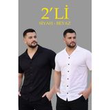 Beruflic Erkek Waffle Dokuma Açık Yakalı Düğmeli Regular Kalıp 2’li Gömlek Seti Siyah Beyaz - Siyah - Beyaz - 2XL