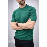 Beruflic Erkek Yazlık Triko Dokuma Tişört Kısa Kol Bisiklet Yaka Örgü Desenli T-Shirt - Haki