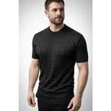 Beruflic Erkek Yazlık Triko Dokuma Tişört Kısa Kol Bisiklet Yaka Örgü Desenli T-Shirt - Siyah
