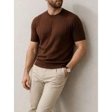 Beruflic Erkek Yazlık Triko Dokuma Tişört Kısa Kol Bisiklet Yaka Örgü Desenli Tshirt - Kahverengi