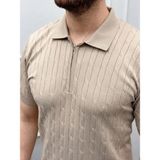 Beruflic Erkek Yazlık Triko Saç Örgü Tişört Kısa Kol Polo Yaka Fermuarlı T-Shirt - Bej