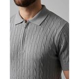 Beruflic Erkek Yazlık Triko Saç Örgü Tişört Kısa Kol Polo Yaka Fermuarlı T-Shirt - Gri - XL