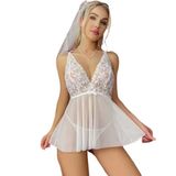 Beruflic Fantezi Beyaz Dantelli Transparan Tül Etekli Seksi Elbise Gecelik