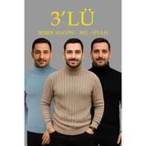 Beruflic Fitilli Triko Kazak 3'lü Set Bebek Mavisi Bej Siyah Regular Balıkcı Yaka Tam Boğazlı Triko Seti - Bebek Mavisi - Siyah
