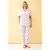Beruflic Kadın Beyaz Kırmızı Kalp Desenli Önden Düğmeli Büyük Beden Pijama Takımı